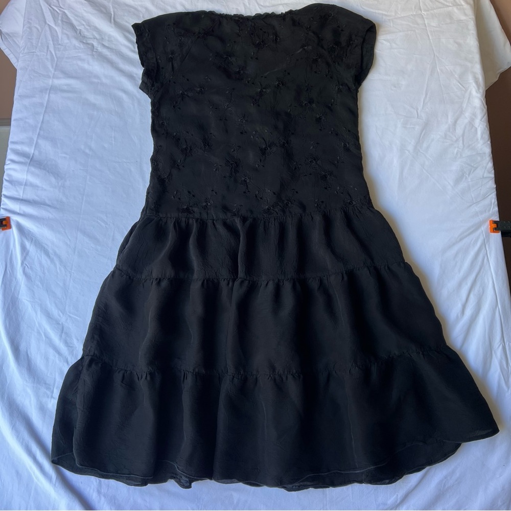 Johnny Was Black Dress Crinkled Full Black Embroidered Flowers Size XS Midi Cute - Picture 2 of 6